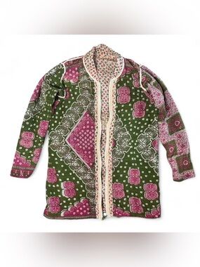 Kantha Quilt Coat Zip Up Thigh Length Selvege